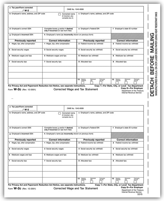 TF5315 Laser W-2C Corrected Wage State City or Local Copy 1 or D