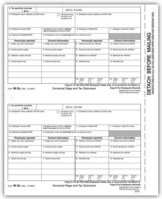 TF5316 Laser W-2C Corrected Wage Employee Copy 2 or C 8 1/2x11" QTY100