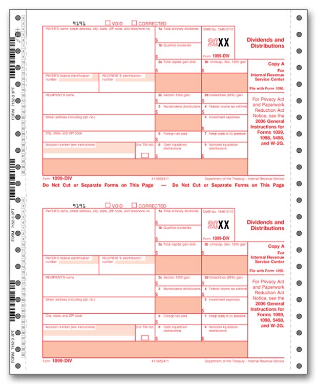 TF7152 2022 Continuous 1099-DIV Dividend Carbonless Electronic Filing 8 x 5 1/2" QTY 25