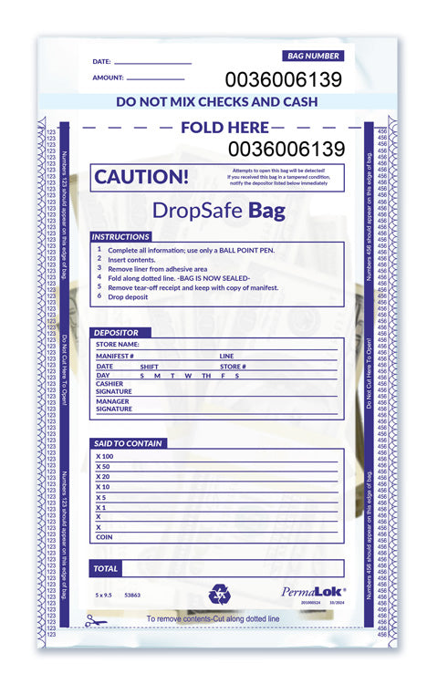 53863 Drop Safe Style Deposit Bag Clear 5 x 9 1/2" - QTY 100 BAGS