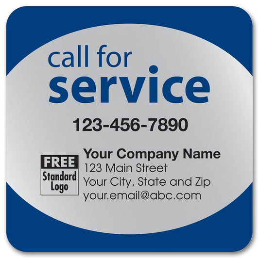 58167 Call for Service Label on Silver Poly Top & Bottom Navy Trim3x3"