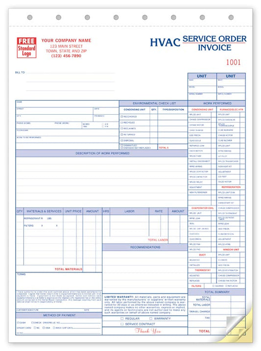 6531 Service Orders HVAC w/Checklist Large Format 8 1/2 x 11" QTY 250