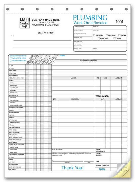 6540 Plumbing Invoice with Checklist 8 1/2 x 11" QTY 250 3 Parts