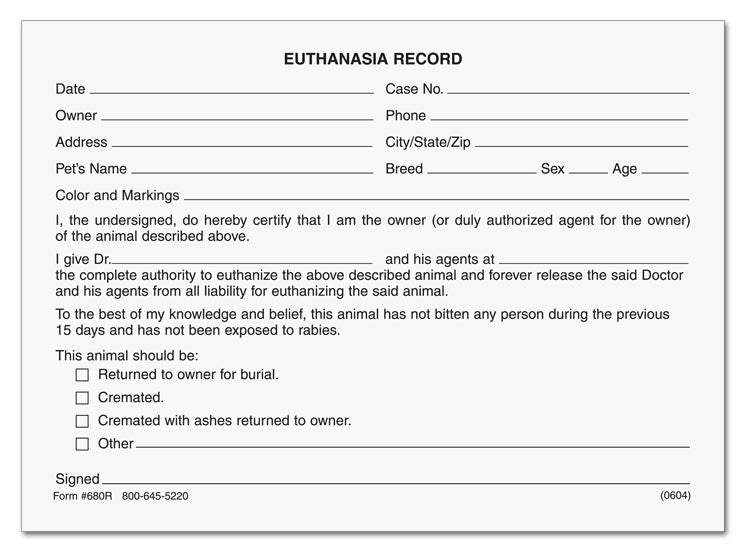 680R.1 Veterinary Euthanasia Record Form Pads 4 x 5 1/2" QTY 100 Per Pad 5 Pad Minimum