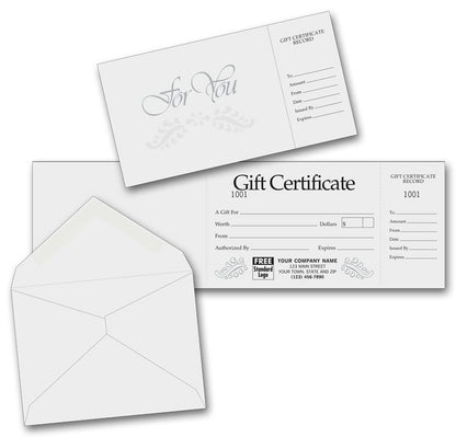 808 Gift Certificates Gray Foil Embossed 4 x 13" with 2" perforated stub QTY 100