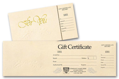 838 Gift Certificates Ivory Foil Embossed Gift Certificate 4 x 13" with 2" perforated stub QTY 100