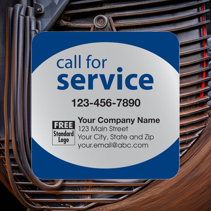 58167 Call for Service Label on Silver Poly Top & Bottom Navy Trim3x3"