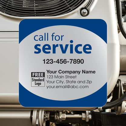 58167 Call for Service Label on Silver Poly Top & Bottom Navy Trim3x3"