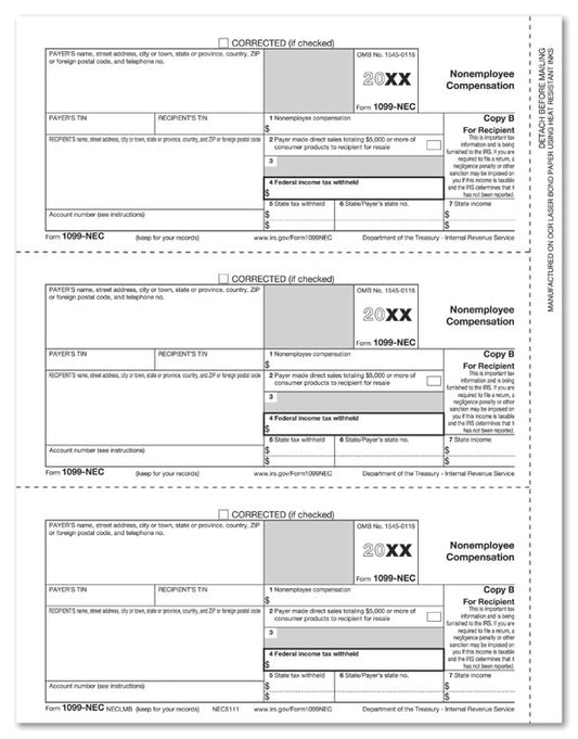 NE5111 1099-NEC Recipient Copy B Cut Sheet 8 1/2 x 11" QTY 100