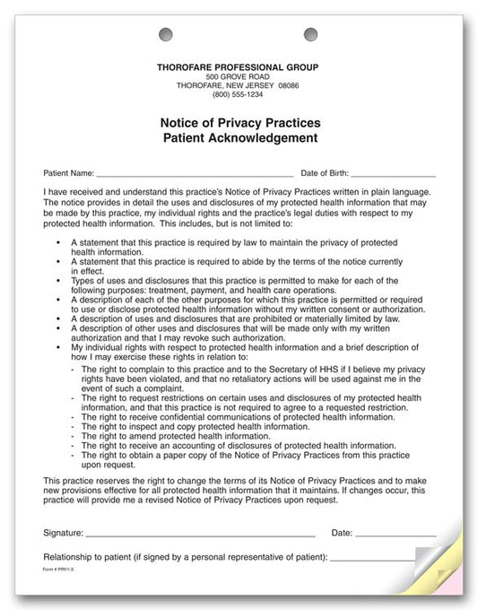 PRV1 3 Part Notice of Privacy Practices HIPAA Acknowledgment 8 1/2x11"