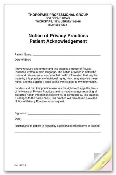 PRV2 3 Part Notice of Privacy Practices HIPAA Acknowledgment 5 1/2 x 8 1/2" QTY 125