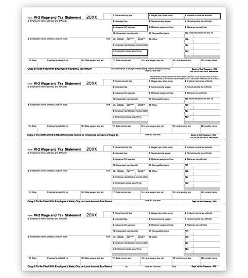 TF5206B 4-Up Laser W-2 Employee Copy Horizontal Format Bulk 8 1/2 x 11" QTY 1 Carton