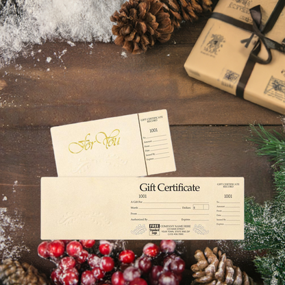 838 Gift Certificates Ivory Foil Embossed Gift Certificate 4 x 13" with 2" perforated stub QTY 100