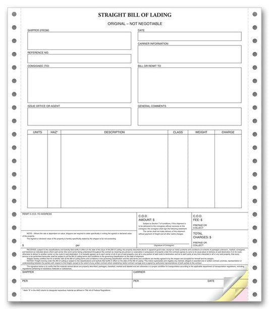 12254 Continuous Bills of Lading 8 1/2 x 11" QTY 250