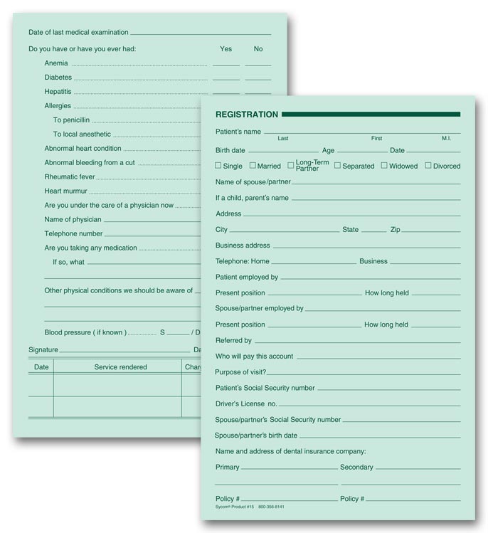 15 Dental Registration Forms Two Sided Green Ledger 5 1/2 x 8 1/2" QTY 250