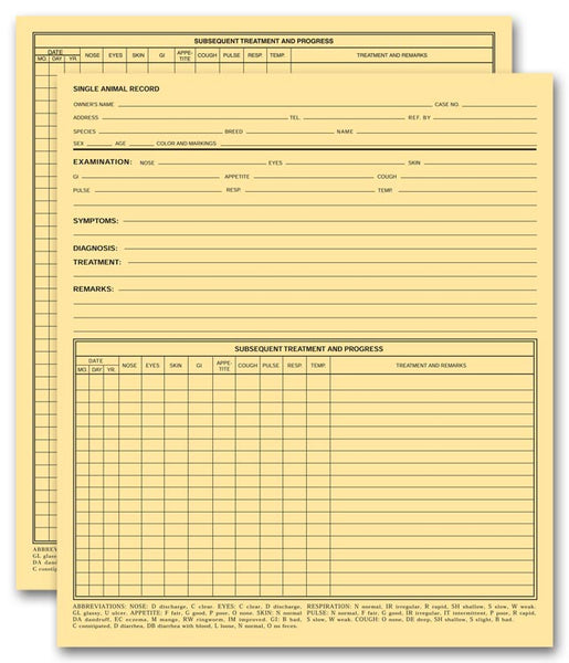 1621 Vet Animal Exam Records Without Account Record Card File 9 1/4 x 8" QTY 100