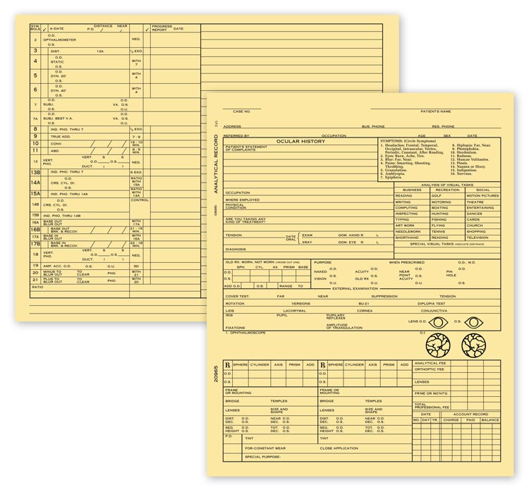 20965 Optometry Exam Record Form Folder Style Card File Two-Sided 4 x 6" QTY 100