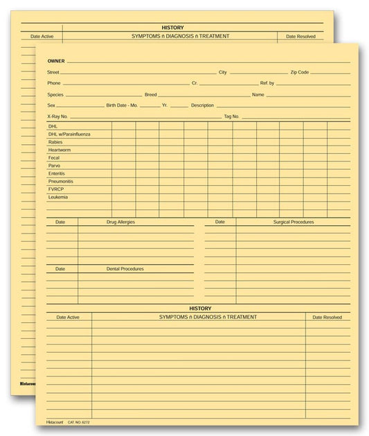 20967 Vet Animal History Exam Records Two Sided Card File Fold 8 x 9 1/2" QTY 100