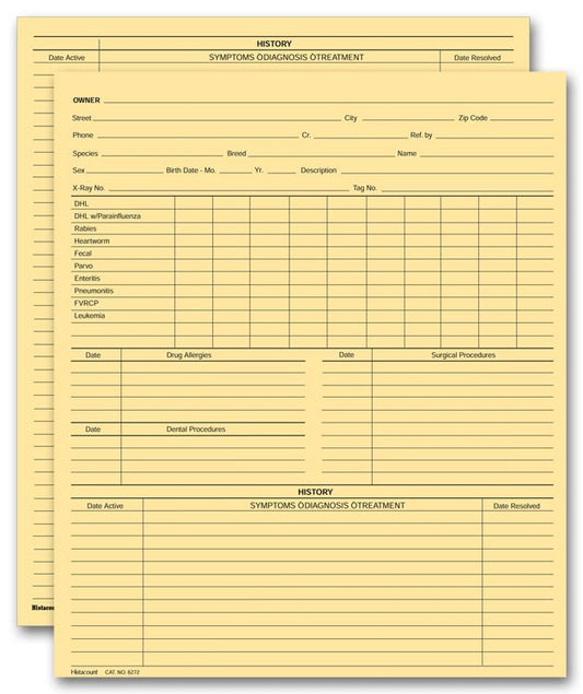 20968 Vet Animal History Exam Records Two Sided Letter Size 8 1/2 x 11" QTY 100