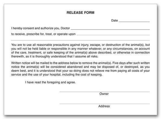 20976 Veterinary Release Form Pads 4 x 5 1/2" QTY 500