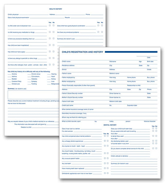 21022 Dental Child Registration and History Forms 2 Sided 8 1/2 x 11" QTY 250