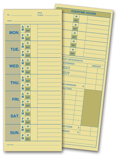 222 Weekly Time Card Manila Tag Stock 3 1/2 x 8 1/2" QTY 250