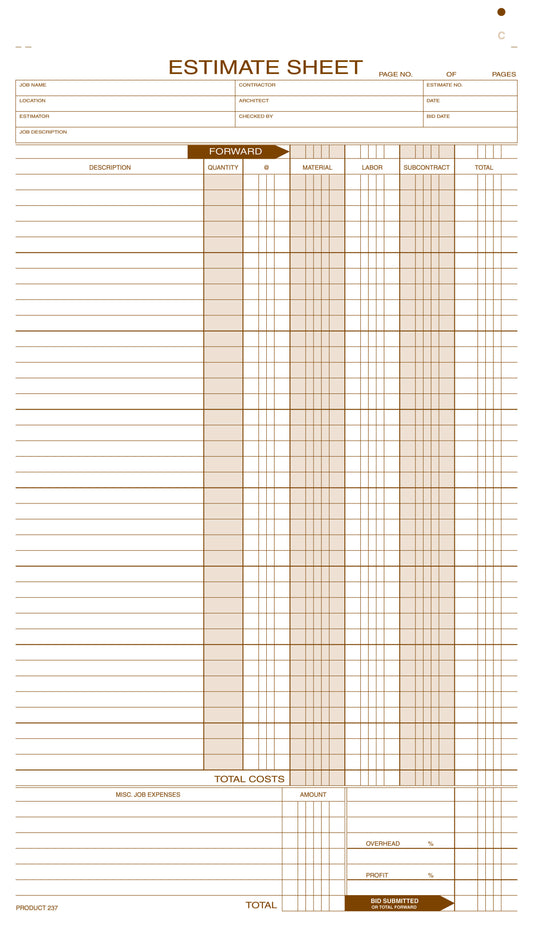 237 Estimate Sheets 8 1/2 x 14"