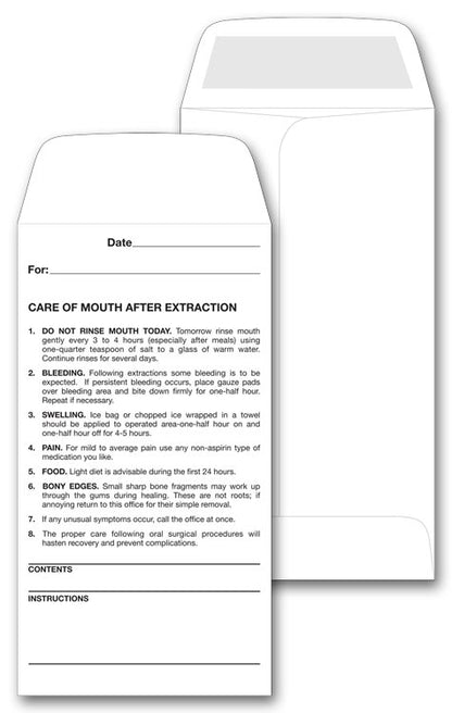 26 Dental Post Operative Instructions Envelope Size 3 1/2 x 6 1/2" QTY 500