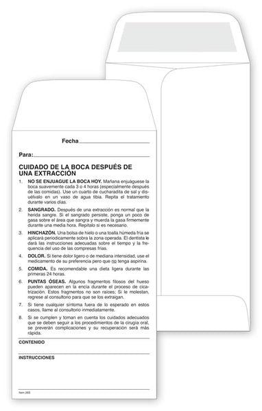 26S Envelope Post Operative Instruction Dental Spanish 3 1/2 x 6 1/2" QTY 500 Envelopes