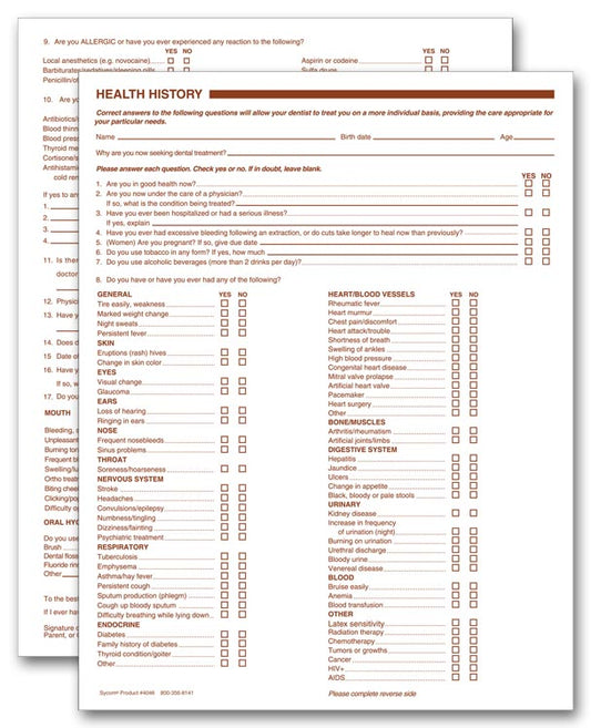 4046 Dental Health History Questionnaires 2 Sided No Hole Punch 7 3/4 x 10" QTY 250