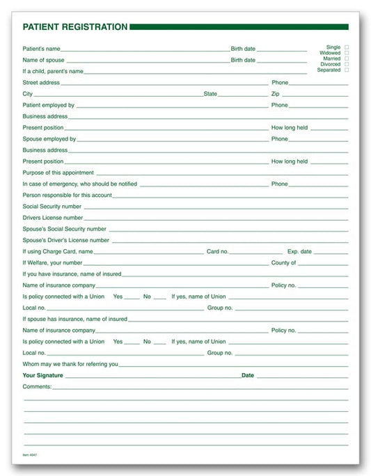 4047 Dental Patient Registration Forms 1 Sided No Hole Punch 7 3/4 x 10" QTY 250