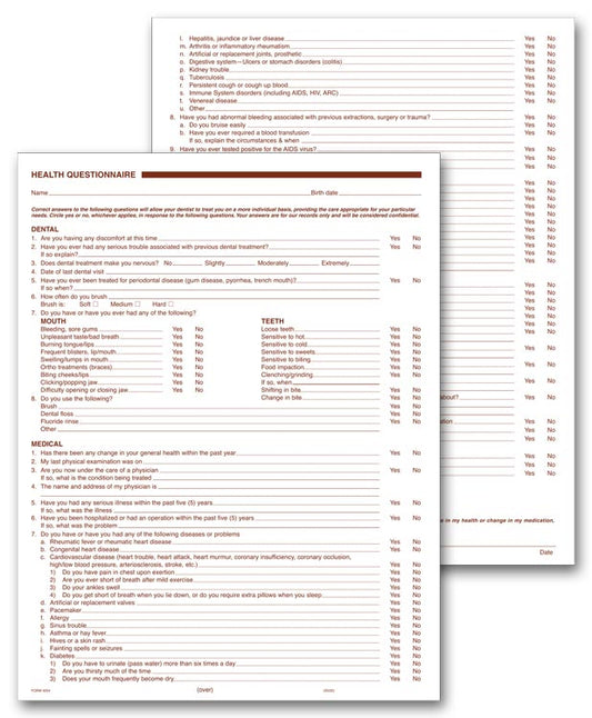 4054 Dental Health History Questionnaires 2 Sided No Hole Punch 8 1/2 x 11" QTY 250