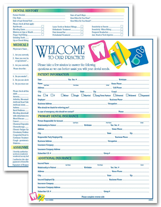 4065 Two Sided Registration & History Form Dental Icon Design 8 1/2 x 11" QTY 300