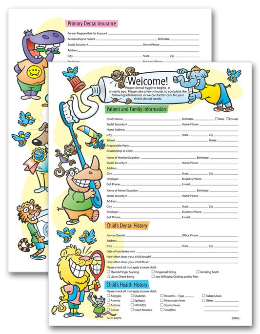 4073 Two-Sided Registration & History Form Pediatric Dental 8 1/2 x 11" QTY 300