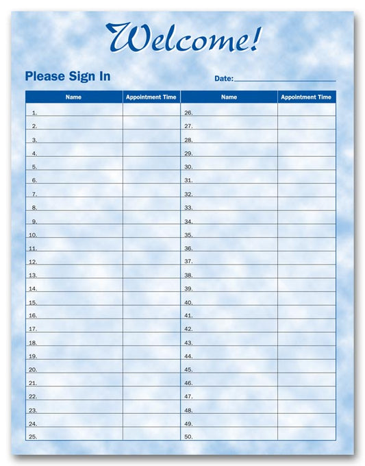 4076 Patient Sign In Sheet Bright Skies Design 8 1/2 x 11" QTY 300