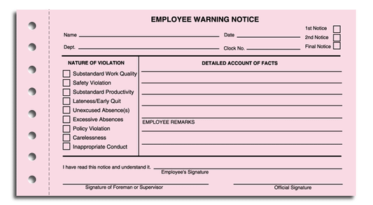 45093 Employee Warning Notices 7 3/4 x 4 1/4" QTY 250