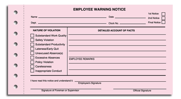 45093 Employee Warning Notices 7 3/4 x 4 1/4" QTY 250
