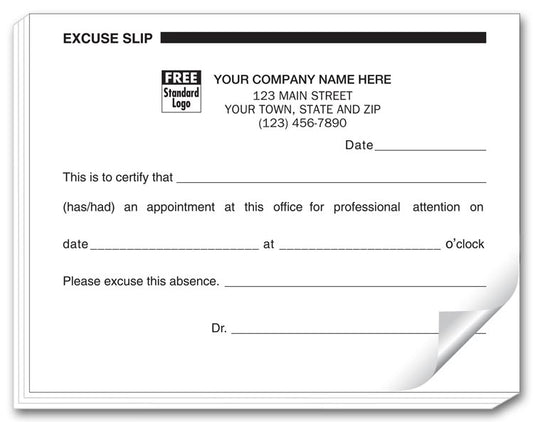 4556 Patient Excuse Slips Imprinted 4 1/4 x 5 1/2" QTY 400 Forms (4 Pads)