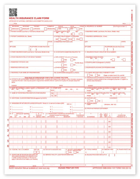 60150X CMS 1500 Laser Sheet Insurance Claim Form Version 02/12 8 1/2 x 11" QTY 500