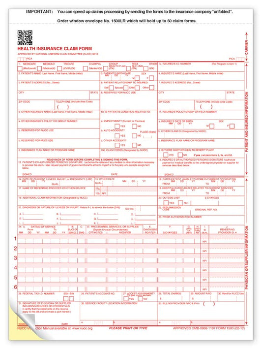 60151X CMS 1500 Two Part Carbonless Insurance Claim Form 0212 8 1/2 x 11" QTY 250