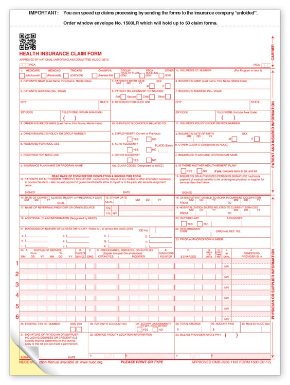 60151X CMS 1500 Two Part Carbonless Insurance Claim Form 0212 8 1/2 x 11" QTY 250