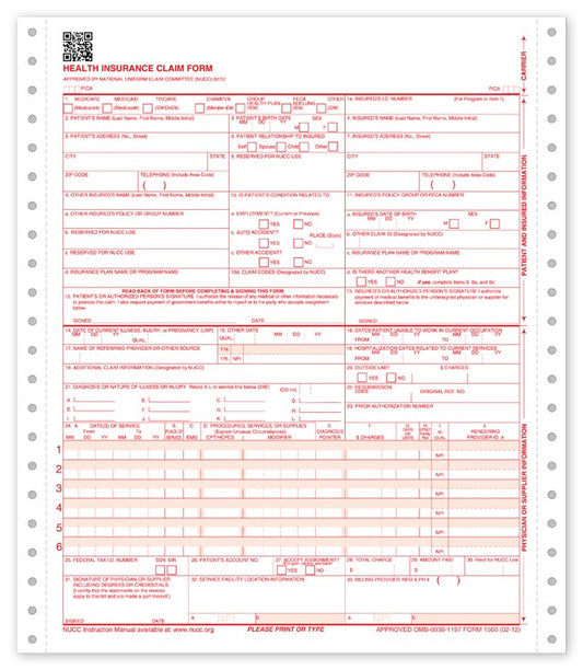 60153X CMS 1500 One Part Continuous Insurance Claim Form 0212 8 1/2 x 11" QTY 2500