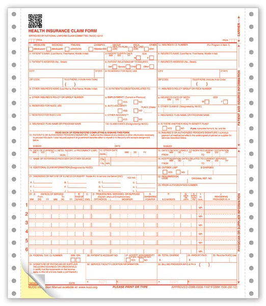 60154X CMS 1500 Two Part Continuous Insurance Claim Form 0212 8 1/2 x 11" QTY 2000