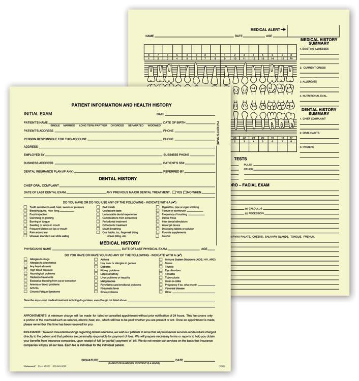 D101 Dental Exam Record Single Sheet 8 1/2 x 11" QTY 100