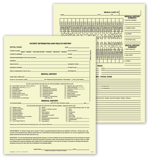 D101 Dental Exam Record Single Sheet 8 1/2 x 11" QTY 100