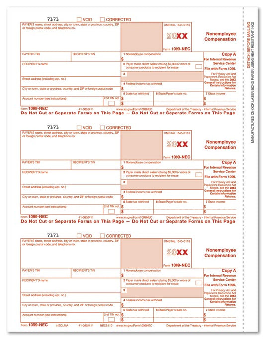 NE5110 1099-NEC Federal Copy A Cut Sheet 8 1/2 x 11" QTY 100