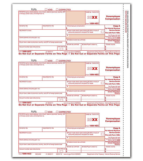 NE5110B 1099-NEC Federal Copy A Cut Sheet (1,500 Forms/Carton) 8 1/2 x 11"  QTY 1 Carton