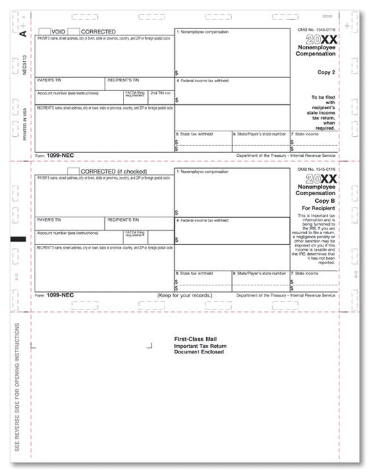 NE5113 1099-NEC 3-Up Horizontal Copy B & 2 11" Z Field Bulk 8 1/2 x 11"  QTY 500