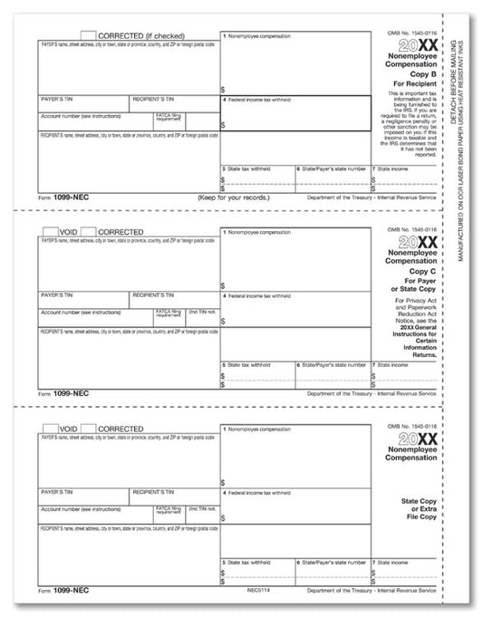 NE5114 1099-NEC Recipient Copy B Payee & ST, Copy C & ST 8 1/2 x 11" QTY 100