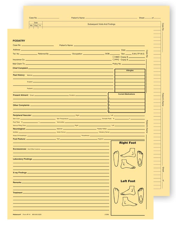 P41A Podiatry Exam Record Form Without Account Record 8 1/4 x 10 3/4" QTY 100